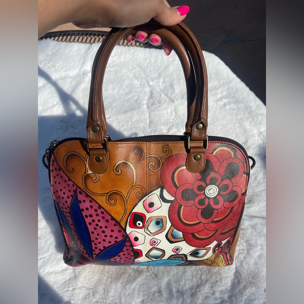 💕NWOT ANUSCHKA GENUINE LEATHER Hand Painted Floral Crossbody Satchel handbag💕